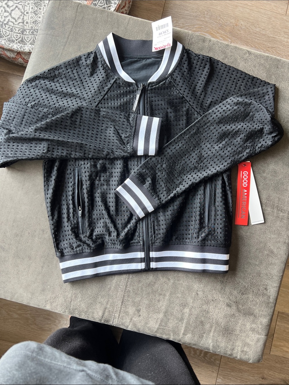 NEW! WMNS. Good American Black Mesh Bomber Jacket with White Stripe Trim. XS
